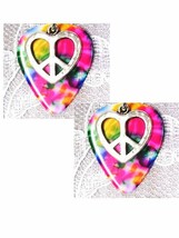 Silver Heart Peace Sign Charms on Rainbow Guitar Picks Musical Ear Wire Earrings - £6.33 GBP
