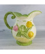 Vintage Tammany Devine 8&quot; Ceramic Pitcher Tulips Green Scallop Weave Pat... - $29.09