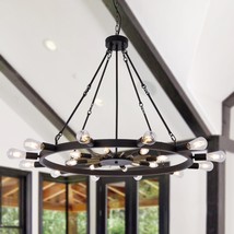 Wellmet 42inch Large Black&amp;Gold Wagon Wheel Chandelier 2-Tier 20-Light F... - $377.28