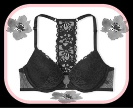 40D NOIR BLACK Lace Front Close Extreme Lift Victorias Secret Plunge PU UW Bra - $39.99