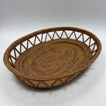 Hand Woven Rattan Straw Basket Oval 12&quot; Bread Entry Vanity Boho Triangle Sides - £20.96 GBP