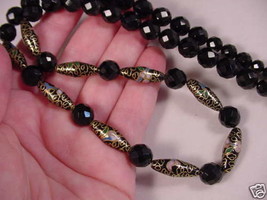 (v266) Black Cloisonne Beads Onyx Bead Gem Necklace Jewelry - £60.82 GBP