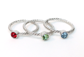 Silver Tone &amp; Rhinestone Stackable 3 pc Ring Lot Red Green Blue Size Approx 7.5 - £8.96 GBP