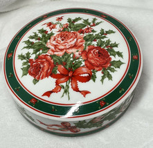 Lefton Porcelain Roses and Holly trinket box round  1990 Large - £11.82 GBP