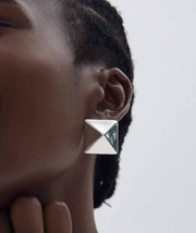 Vintage Origami Pyramid Shape Plain Stud 999 Sterling Silver Post Back Earring - £125.67 GBP