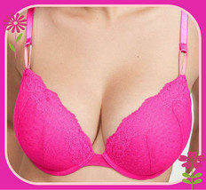 38C Pink Floral w Dot Mesh Extreme Lift Victorias Secret Plunge PushUp UW Bra  - £31.96 GBP
