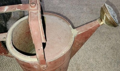#10 Antique Metal Watering Can Garden Flowers Copper Brass Tip Distressed Red Item image 7