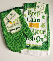 St Patrick&#39;s Day Oven Mitt Dish Towel Set of 2 Keep Calm Get Your Irish On  - $24.38