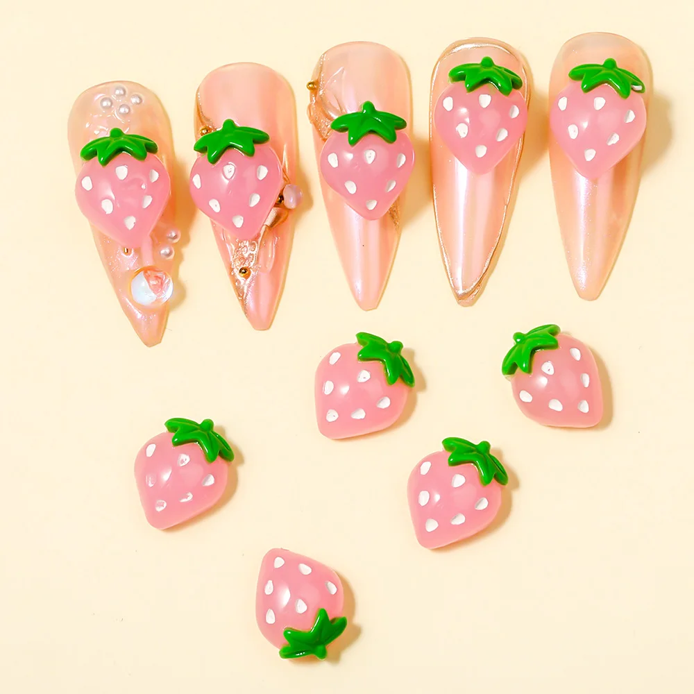 10Pcs Nail Art Kawayi Pink Cute Flat Back Cabochon Strawberry Decor 3D Nail - £8.84 GBP