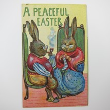 Easter Postcard Anthropomorphic Rabbit Grandma Knits Grandpa Smokes Pipe Antique - £13.56 GBP