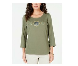 Karen Scott Womens Petite PS Olive Green Rhinestone Embellished Cotton T... - £12.11 GBP