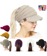 New Warm Brim Visor Trim Ponytail Beanie Ski Hat Knitted Stretchy Messy ... - $10.85+