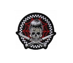 SKULL w/ Switchblades and Spiderweb 4&quot; x 4-1/4&quot; iron on patch (6395) Biker (VV) - £9.58 GBP