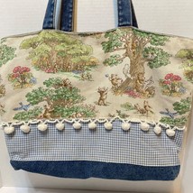 Vintage Handmade in Mexico Denim Tote Bag Forest Bears Pom Poms Double H... - $19.53