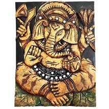 Hand Carved Painted Golden Ganesh Ganpati Hindu God Mandir Temple Prayer Wood Ar - £156.51 GBP