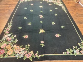 Vintage Hand Hooked Rug 8x11, Black, Handmade Floral Carpet - £1,494.07 GBP