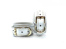BDSM White Leather Vienna Handcuffs with White Suede Lining &amp; Gold Hardware - £74.45 GBP