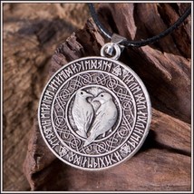 Viking Raven Rune Amulet Antique Silver Alloy Pendant With Leather Chain Knot - £14.97 GBP