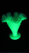 Vintage Fenton Hobnail Custard Uranium Ruffled Trumpet Glass Vase Glows ... - $64.35