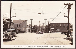 Mt. Pleasant, PA RPPC 1930s - Main Street Looking East &amp; Soldiers Memorial - $24.75