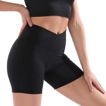 Women Cross Waist Workout Shorts High Waisted Biker Shorts (Black,Size:L) - £12.44 GBP