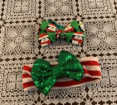 Two Christmas Dog Neck Collar Bows SMALL MEDIUM Penguins Green Glitter Brand New - £8.59 GBP