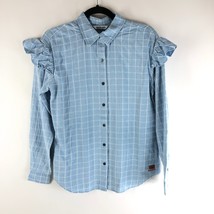 Peace Love World Plaid Printed Shirt with Ruffles Button Front Cotton Blue XS - £11.39 GBP