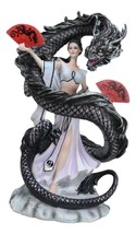 Legends Oriental Black Dragon King With Red Fans Geisha Dancer Fairy Figurine - £67.21 GBP