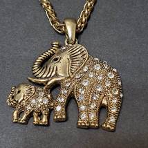 Elephant Necklace with Rhinestones, Mother and Baby, Gold Tone Vintage image 7
