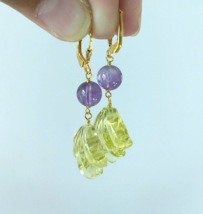 Lemon Quartz Hand Carving and Amethyst 22K Gold Plated Silver Earrings - £79.93 GBP