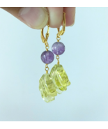 Lemon Quartz Hand Carving and Amethyst 22K Gold Plated Silver Earrings - $100.00