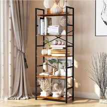 5-Tier Tall Bookcase, Rustic Wood and Metal Standing Bookshelf, Industrial - £93.51 GBP