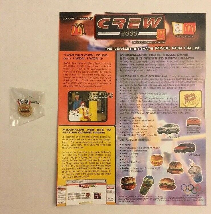 Mcdonald's 2000 Sydney Olympics Taste Trials Crew Lapel Pin And Newsletter. - $7.69