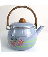 Vintage 70s Blue Floral Enamelware Tea Pot Kettle with Teak Wood Handle ... - $331.09 MXN