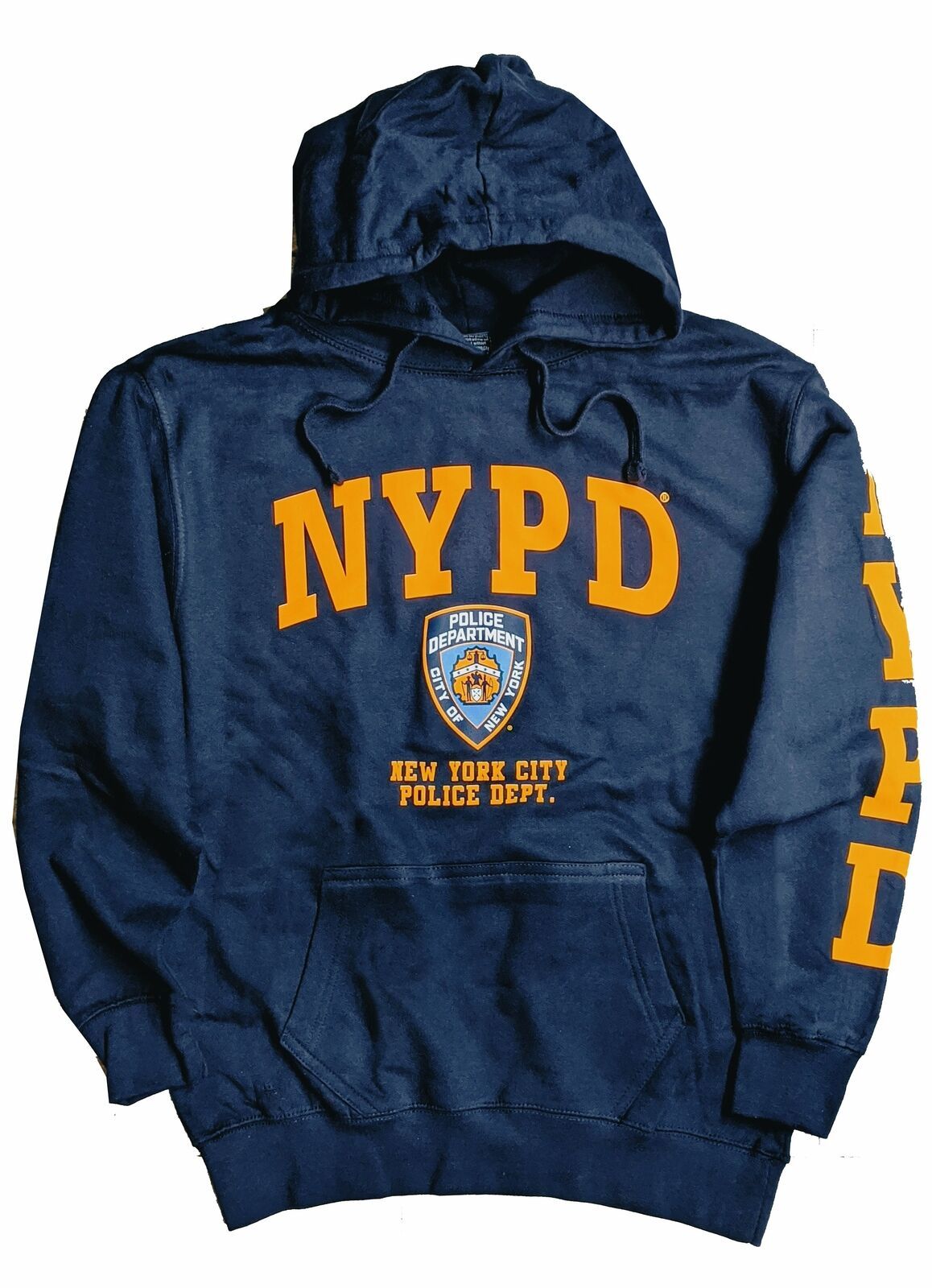 NYPD Hoodie Yellow Sleeve Print Sweatshirt Navy Blue New York City Police Gift - $39.99