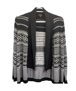 Talbots Cardigan Sweater Black White Size L Open Front Lambswool Southwestern - $32.69
