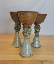 Art Pottery Goblets Chalice Wine Glasses Stoneware Set of 3 Signed Abstract - $34.99
