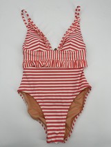 NWT J Crew Ruffle Plunging One Piece Swimsuit Sz 2 Coral Pink White Striped - £31.23 GBP