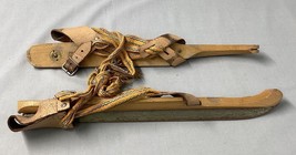 Antique Wood and Iron Ice Skates Thin Wooden Foot Leather Straps - £22.03 GBP