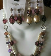 Vintage Silver-tone Faux Pearl &amp; Purple Multi-Faceted Glass Necklace &amp; Earrings - £68.32 GBP