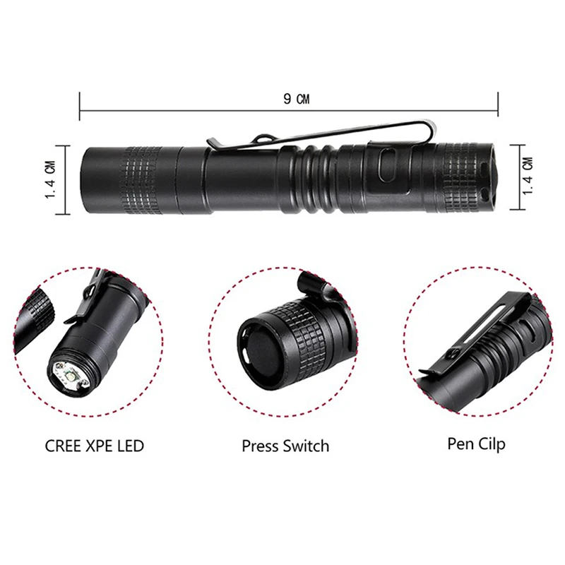 Black Mini Penlight XPE-R3 LED Flashlight Pocket Light Outdoor Camping Lamp - £8.28 GBP