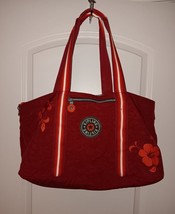 KIPLING Private Transport Large Tote Bag Zip Top Red Wine Hibiscus Flowers - $51.14