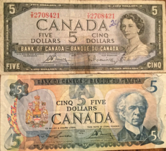 1954 1979 BANK OF CANADA 5$ - Lot of 2 notes - $43.43