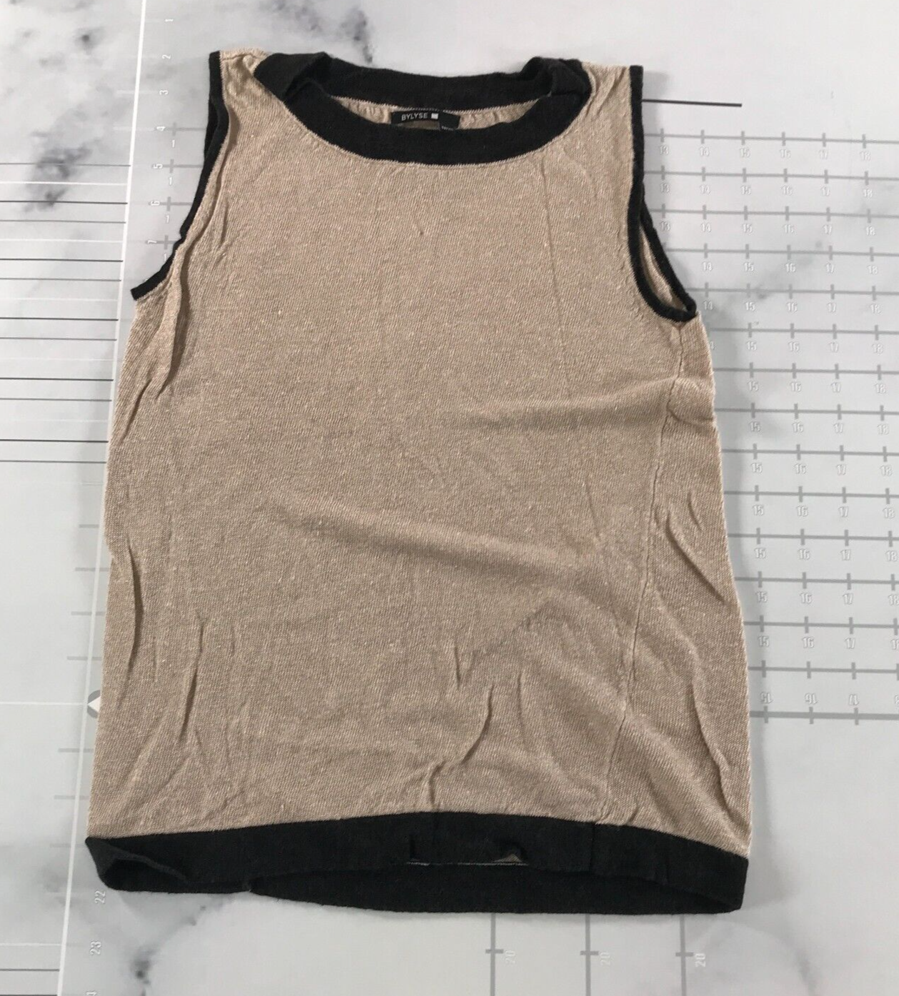 Bylyse Pullover Weste Damen Xs Beige Schwarz Rand Strick Leinen Mischung - $19.78