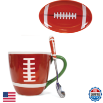 Football Coffee Mug Set w/ Spoon &amp; Coaster - Ceramic Soccer Themed Gift - $40.49