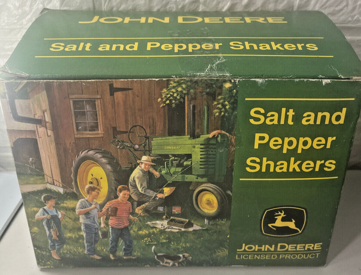 Primary image for NEW John Deere Tin Salt and Pepper Shaker Set Tractor & Truck Graphics