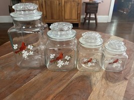 VTG ANCHOR HOCKING CANISTER SET DOGWOOD &amp; Cardinals ~ HP SIGNED HTF - $1,113.93 MXN