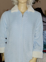 Miss Elaine Sz L Cozy Warm Soft Plush Baby Blue Robe Cream Trim Side Pockets EUC - £11.86 GBP
