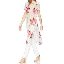 Calvin Klein Sheer Slit Side Tunic Top Floral Gingham Size S Beige Red Spring - £7.96 GBP
