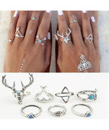 Boho Silver Ring Set Blue Turquoise Arrows Antler Women Retro Stack Knuc... - $21.72 CAD